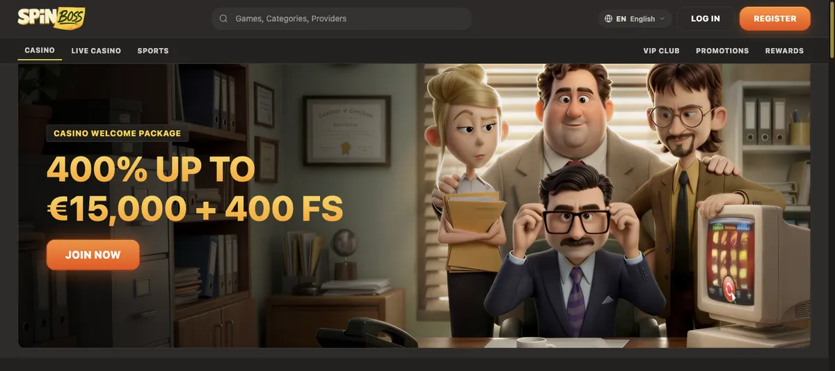 Home page di SpinBoss (interfaccia inglese), acquisita su spinboss.live il 7 settembre 2026